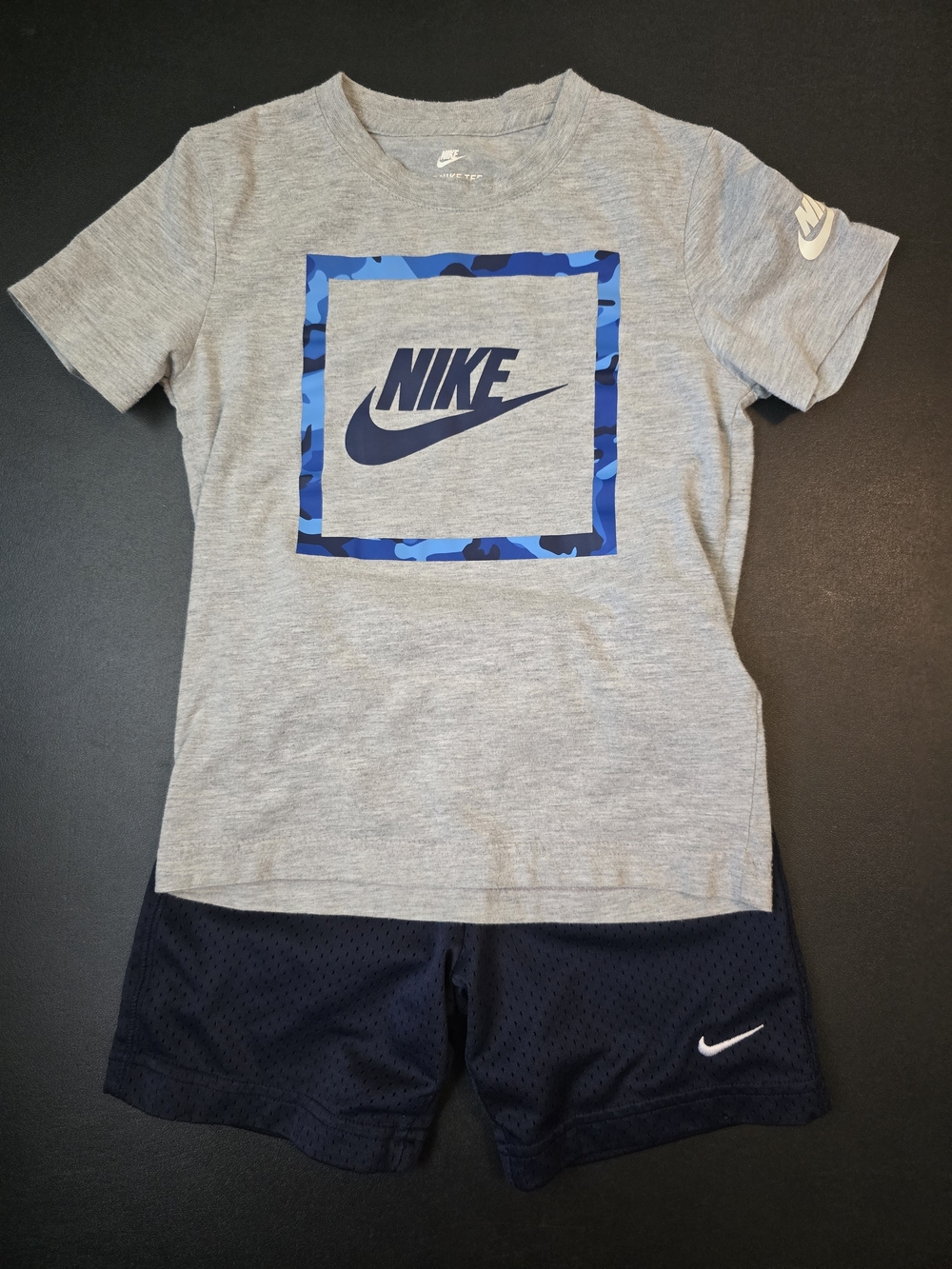 Nike Kids Grey Tee & Navy Shorts Set with Blue Accent